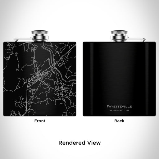 Rendered View of Fayetteville West Virginia Map Engraving on 6oz Stainless Steel Flask in Black