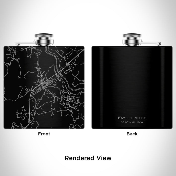 Rendered View of Fayetteville West Virginia Map Engraving on 6oz Stainless Steel Flask in Black