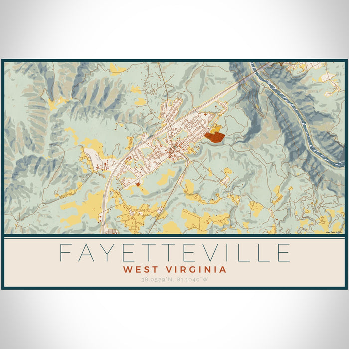 Fayetteville West Virginia Map Print Landscape Orientation in Woodblock Style With Shaded Background