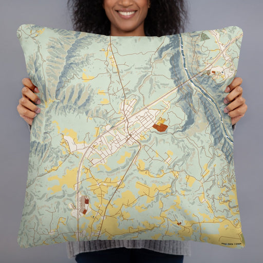 Person holding 22x22 Custom Fayetteville West Virginia Map Throw Pillow in Woodblock