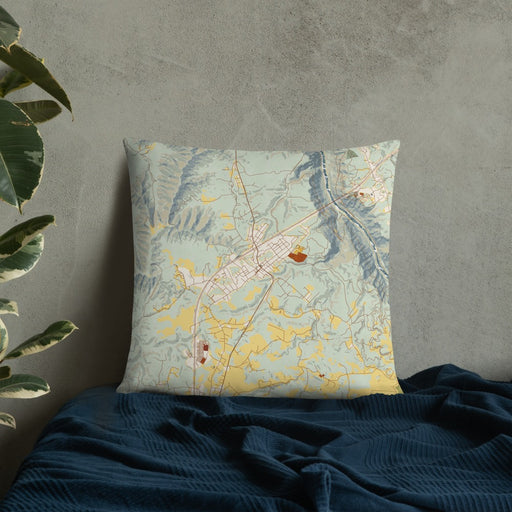 Custom Fayetteville West Virginia Map Throw Pillow in Woodblock on Bedding Against Wall