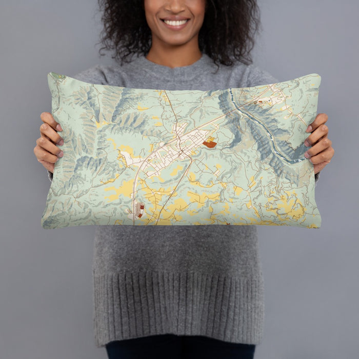 Person holding 20x12 Custom Fayetteville West Virginia Map Throw Pillow in Woodblock