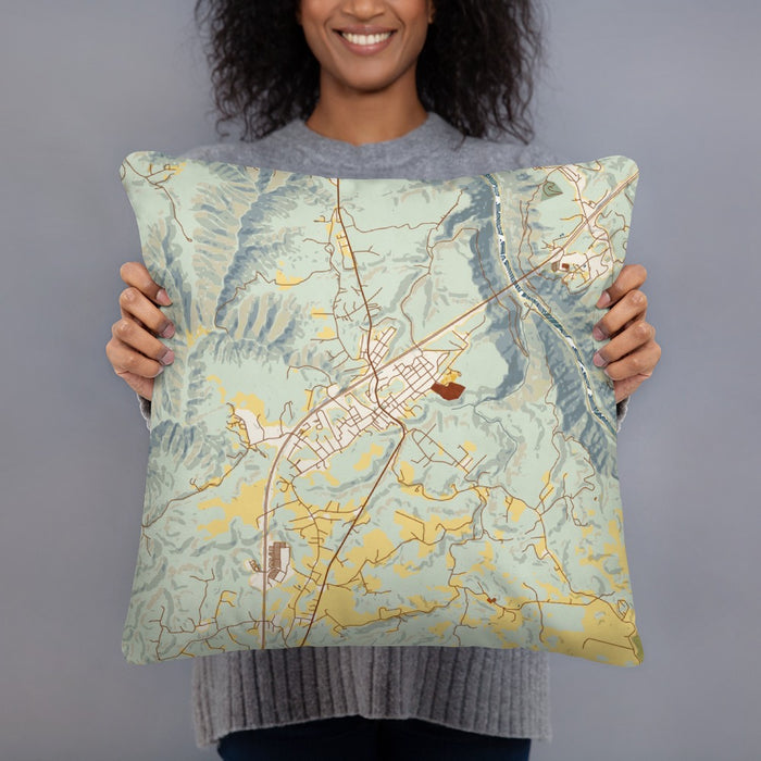 Person holding 18x18 Custom Fayetteville West Virginia Map Throw Pillow in Woodblock