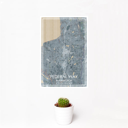 12x18 Federal Way Washington Map Print Portrait Orientation in Afternoon Style With Small Cactus Plant in White Planter