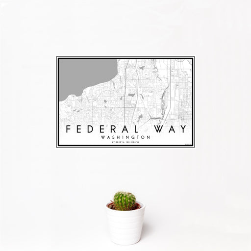 12x18 Federal Way Washington Map Print Landscape Orientation in Classic Style With Small Cactus Plant in White Planter