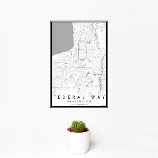 12x18 Federal Way Washington Map Print Portrait Orientation in Classic Style With Small Cactus Plant in White Planter