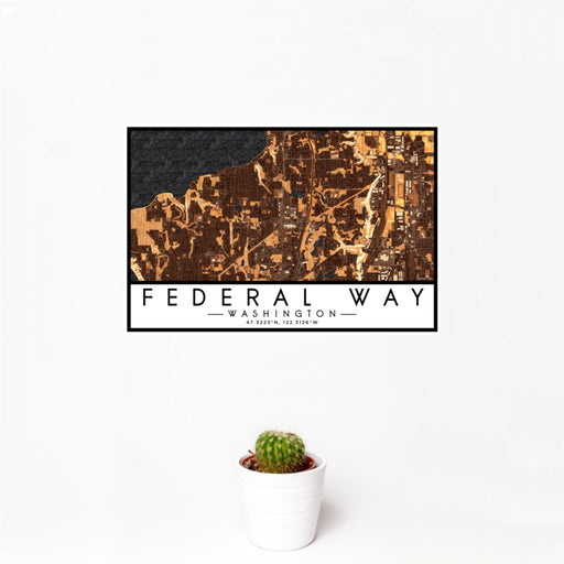 12x18 Federal Way Washington Map Print Landscape Orientation in Ember Style With Small Cactus Plant in White Planter
