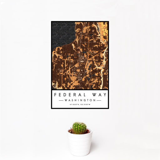 12x18 Federal Way Washington Map Print Portrait Orientation in Ember Style With Small Cactus Plant in White Planter