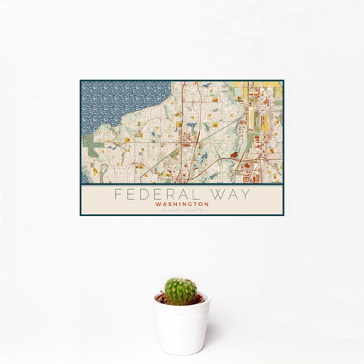 12x18 Federal Way Washington Map Print Landscape Orientation in Woodblock Style With Small Cactus Plant in White Planter