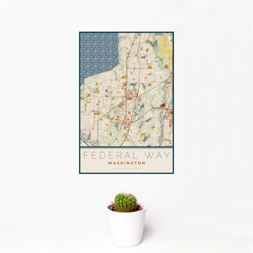 12x18 Federal Way Washington Map Print Portrait Orientation in Woodblock Style With Small Cactus Plant in White Planter
