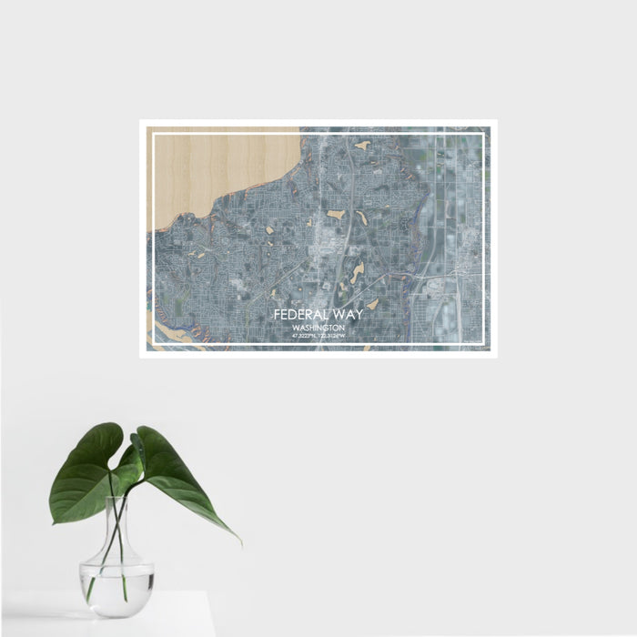 16x24 Federal Way Washington Map Print Landscape Orientation in Afternoon Style With Tropical Plant Leaves in Water