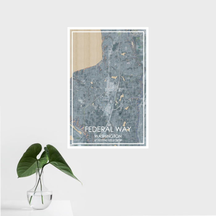 16x24 Federal Way Washington Map Print Portrait Orientation in Afternoon Style With Tropical Plant Leaves in Water