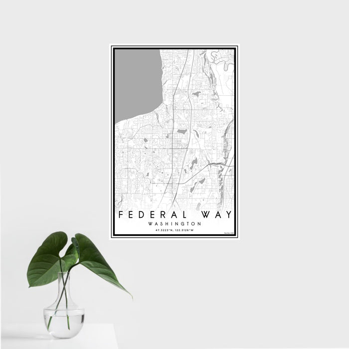 16x24 Federal Way Washington Map Print Portrait Orientation in Classic Style With Tropical Plant Leaves in Water