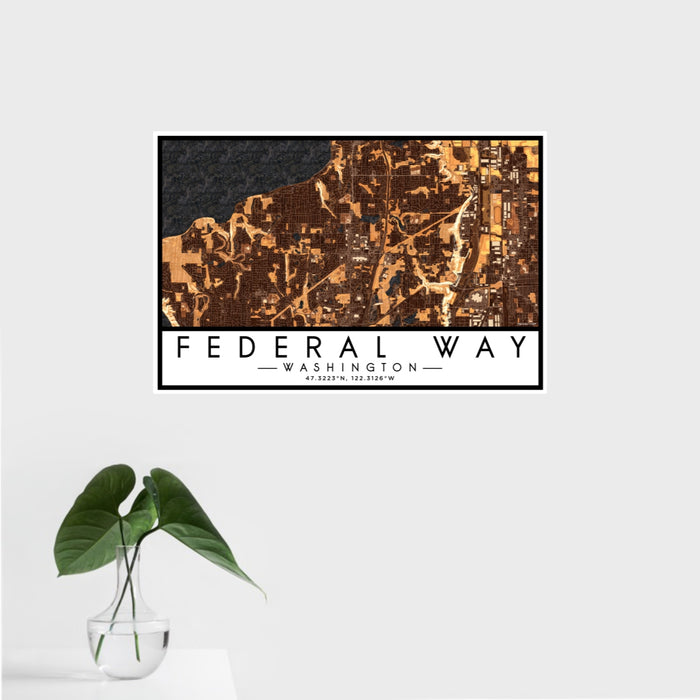 16x24 Federal Way Washington Map Print Landscape Orientation in Ember Style With Tropical Plant Leaves in Water