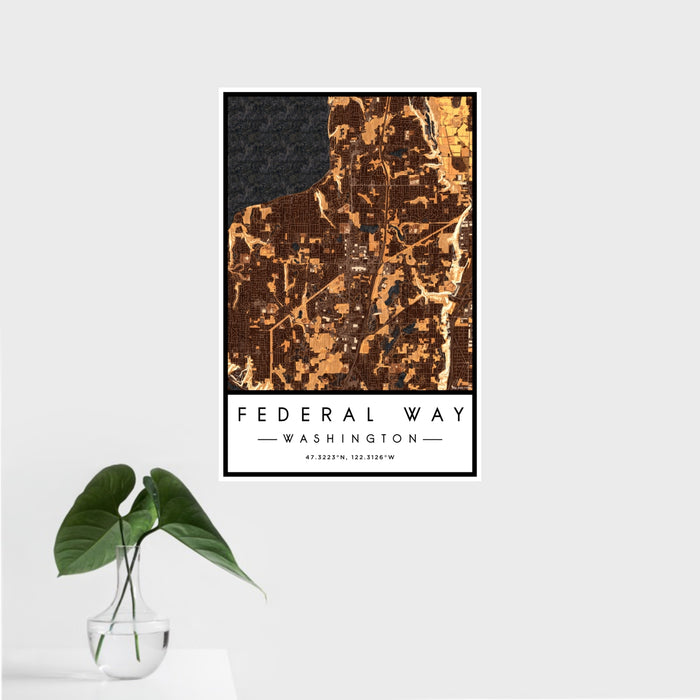 16x24 Federal Way Washington Map Print Portrait Orientation in Ember Style With Tropical Plant Leaves in Water