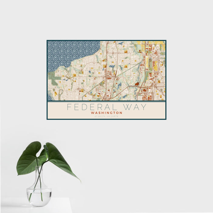 16x24 Federal Way Washington Map Print Landscape Orientation in Woodblock Style With Tropical Plant Leaves in Water