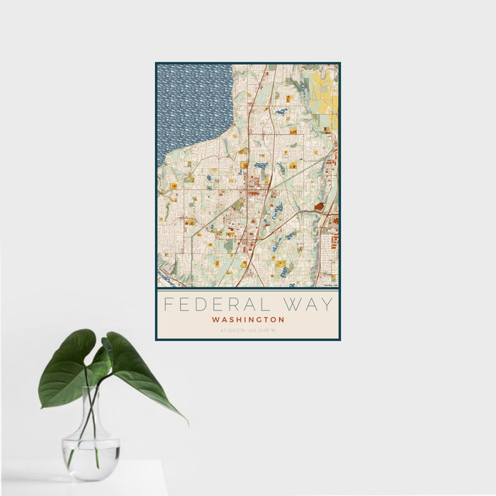 16x24 Federal Way Washington Map Print Portrait Orientation in Woodblock Style With Tropical Plant Leaves in Water