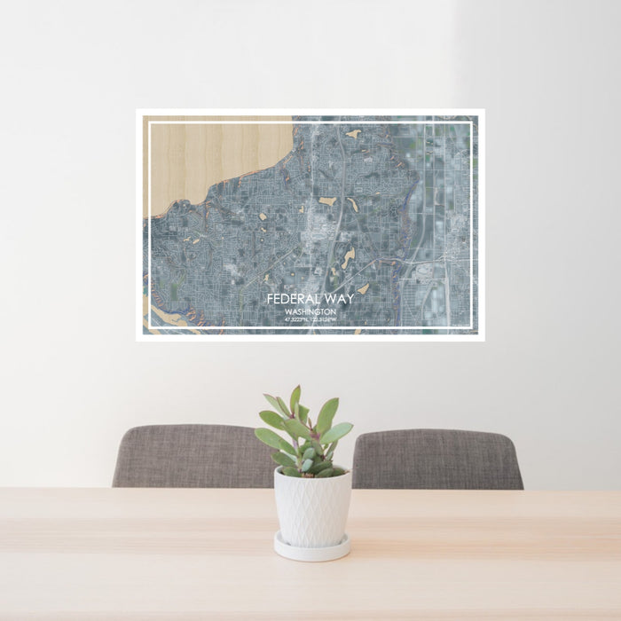 24x36 Federal Way Washington Map Print Lanscape Orientation in Afternoon Style Behind 2 Chairs Table and Potted Plant