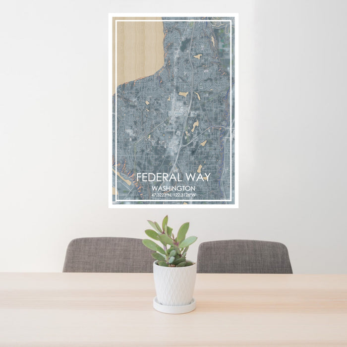 24x36 Federal Way Washington Map Print Portrait Orientation in Afternoon Style Behind 2 Chairs Table and Potted Plant