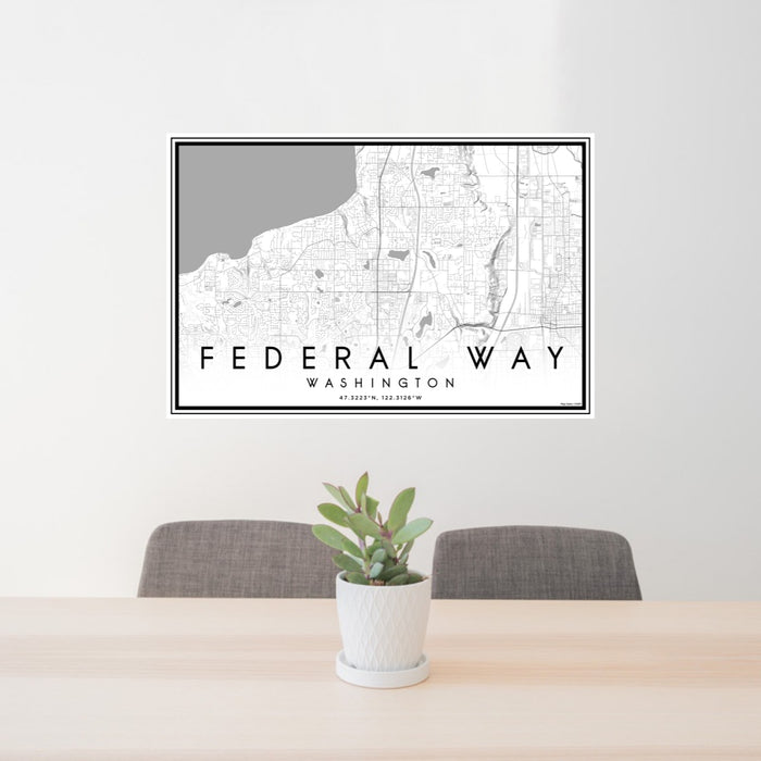 24x36 Federal Way Washington Map Print Lanscape Orientation in Classic Style Behind 2 Chairs Table and Potted Plant