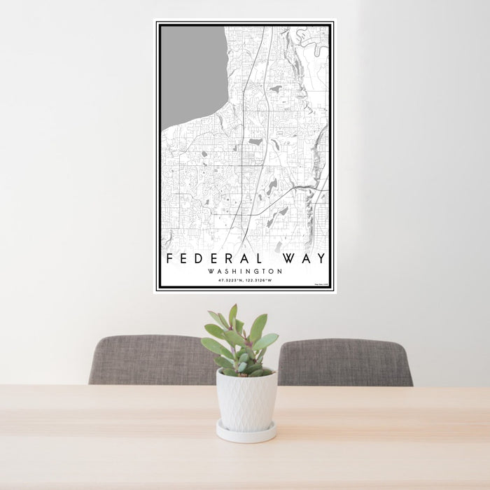 24x36 Federal Way Washington Map Print Portrait Orientation in Classic Style Behind 2 Chairs Table and Potted Plant