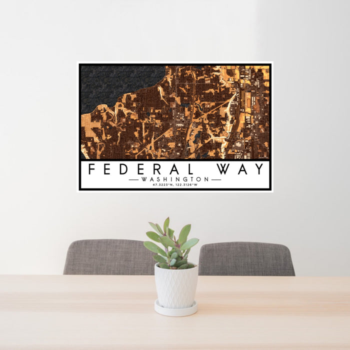 24x36 Federal Way Washington Map Print Lanscape Orientation in Ember Style Behind 2 Chairs Table and Potted Plant