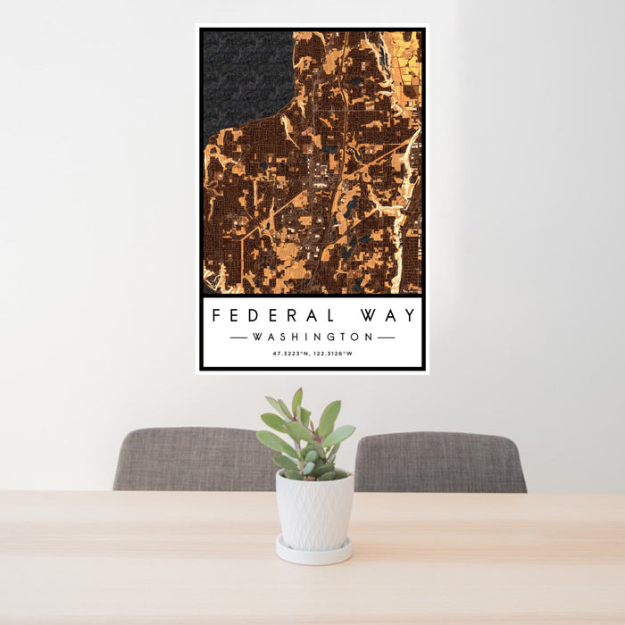 24x36 Federal Way Washington Map Print Portrait Orientation in Ember Style Behind 2 Chairs Table and Potted Plant