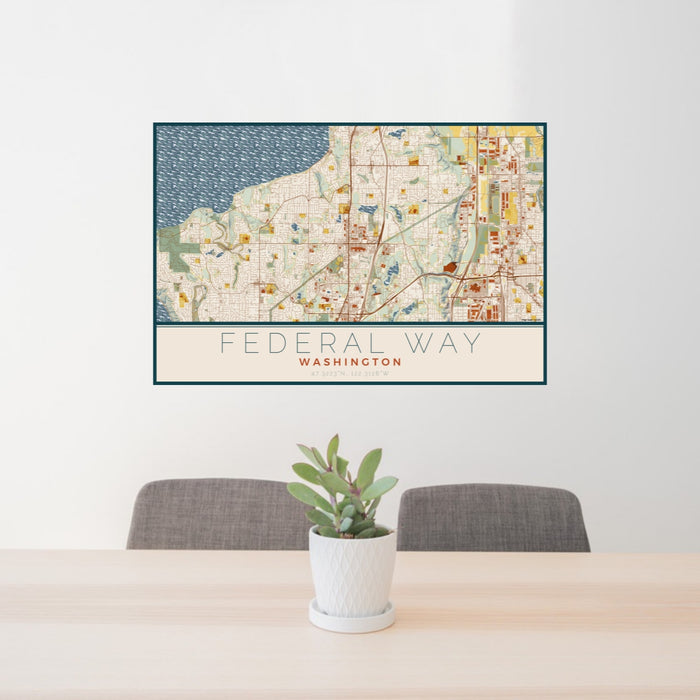 24x36 Federal Way Washington Map Print Lanscape Orientation in Woodblock Style Behind 2 Chairs Table and Potted Plant