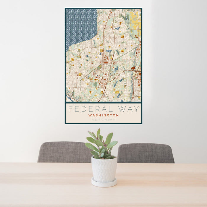 24x36 Federal Way Washington Map Print Portrait Orientation in Woodblock Style Behind 2 Chairs Table and Potted Plant