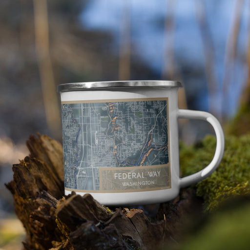 Right View Custom Federal Way Washington Map Enamel Mug in Afternoon on Grass With Trees in Background