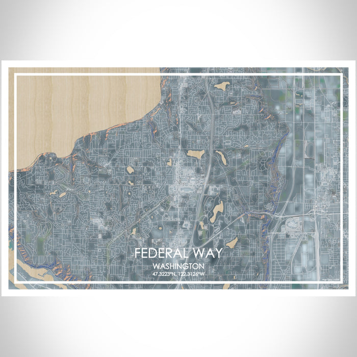 Federal Way Washington Map Print Landscape Orientation in Afternoon Style With Shaded Background