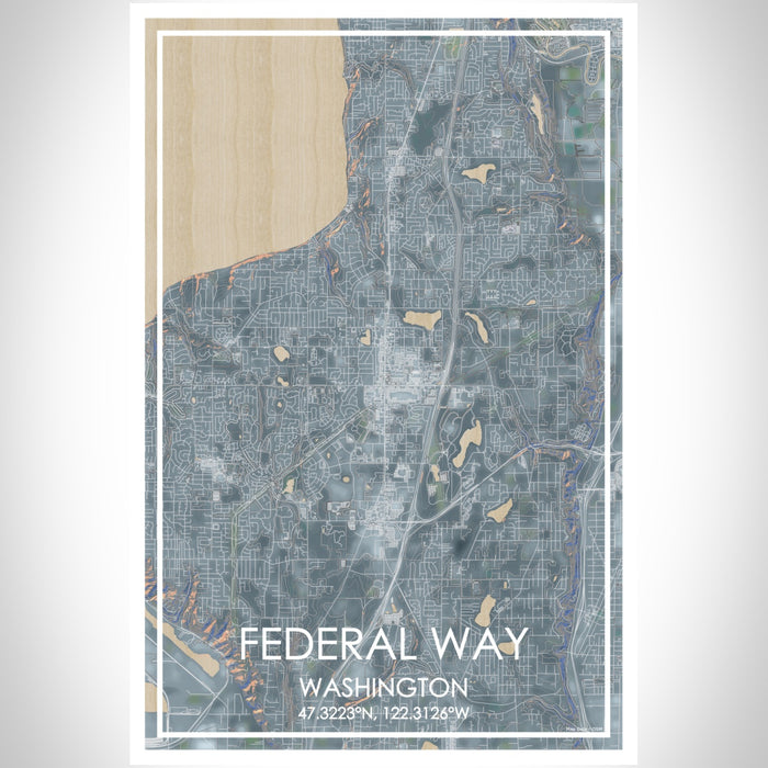 Federal Way Washington Map Print Portrait Orientation in Afternoon Style With Shaded Background