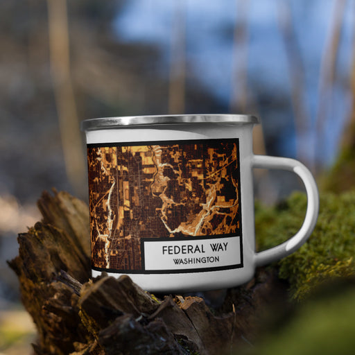 Right View Custom Federal Way Washington Map Enamel Mug in Ember on Grass With Trees in Background