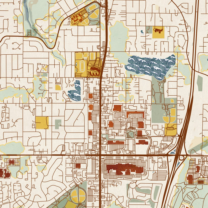 Federal Way Washington Map Print in Woodblock Style Zoomed In Close Up Showing Details