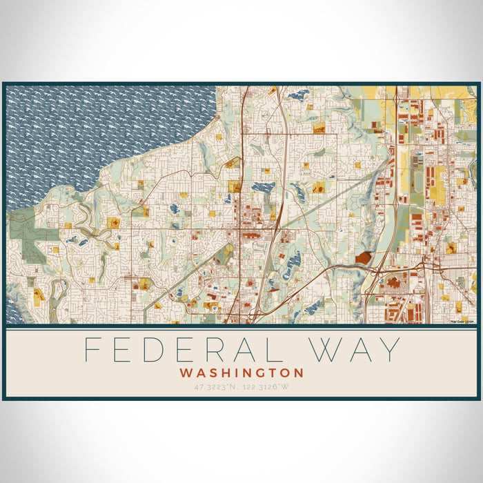 Federal Way Washington Map Print Landscape Orientation in Woodblock Style With Shaded Background