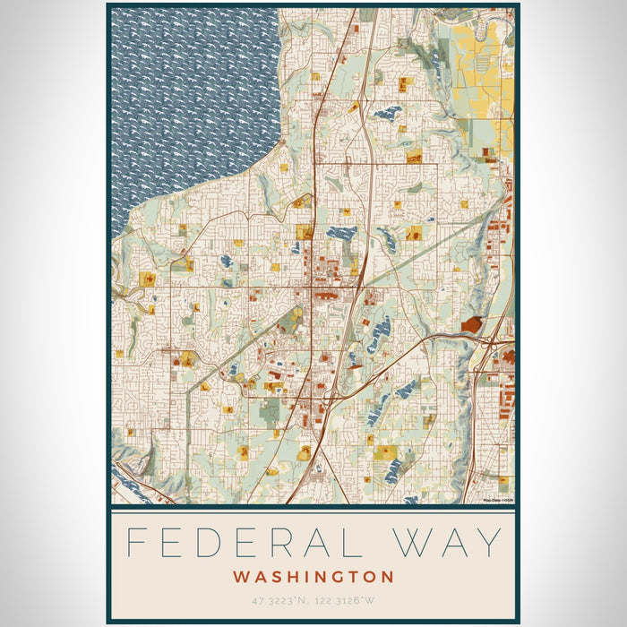 Federal Way Washington Map Print Portrait Orientation in Woodblock Style With Shaded Background