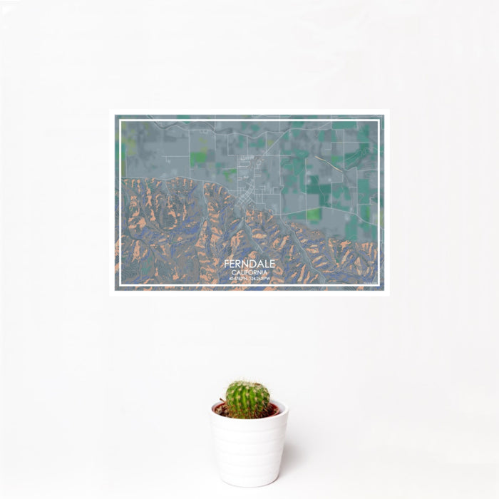 12x18 Ferndale California Map Print Landscape Orientation in Afternoon Style With Small Cactus Plant in White Planter