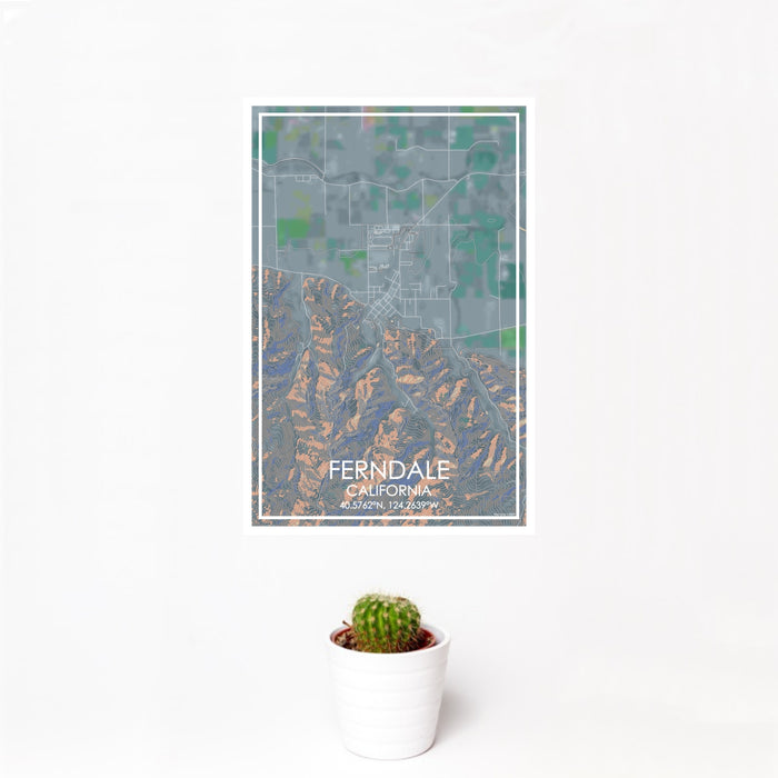 12x18 Ferndale California Map Print Portrait Orientation in Afternoon Style With Small Cactus Plant in White Planter