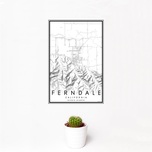 12x18 Ferndale California Map Print Portrait Orientation in Classic Style With Small Cactus Plant in White Planter