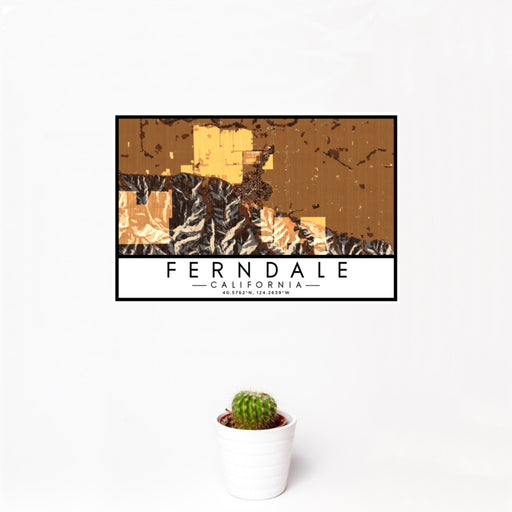 12x18 Ferndale California Map Print Landscape Orientation in Ember Style With Small Cactus Plant in White Planter