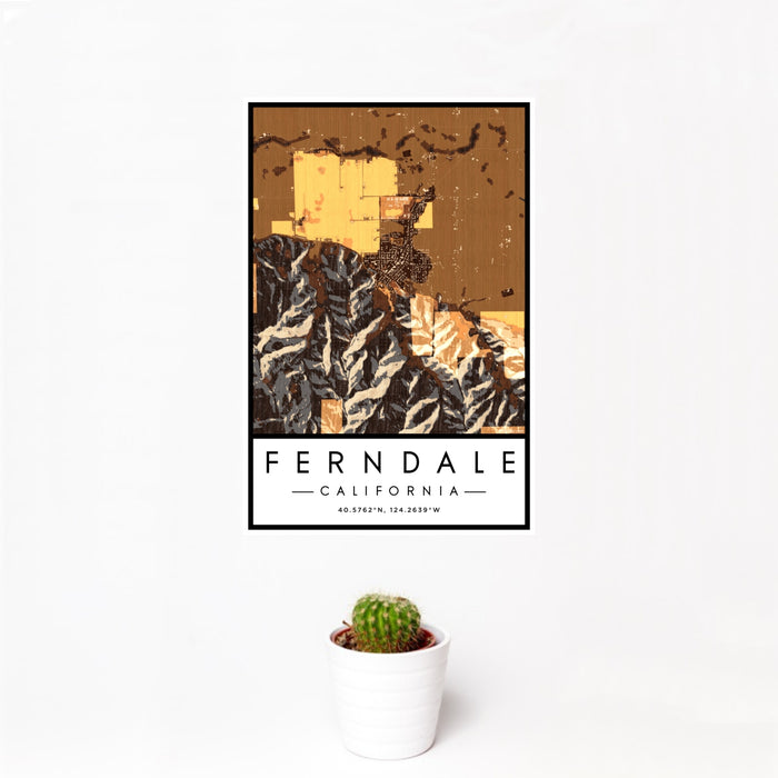 12x18 Ferndale California Map Print Portrait Orientation in Ember Style With Small Cactus Plant in White Planter
