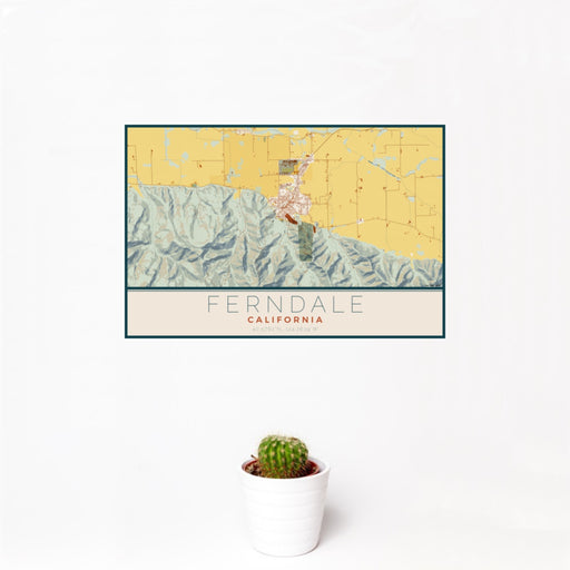 12x18 Ferndale California Map Print Landscape Orientation in Woodblock Style With Small Cactus Plant in White Planter
