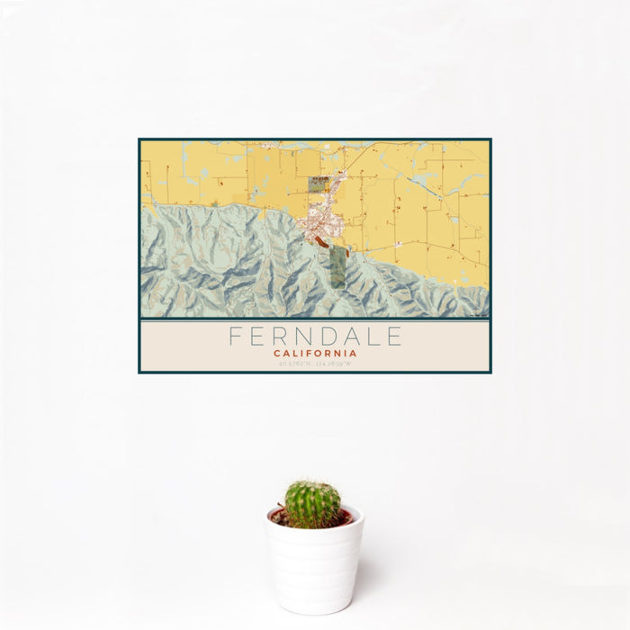 12x18 Ferndale California Map Print Landscape Orientation in Woodblock Style With Small Cactus Plant in White Planter