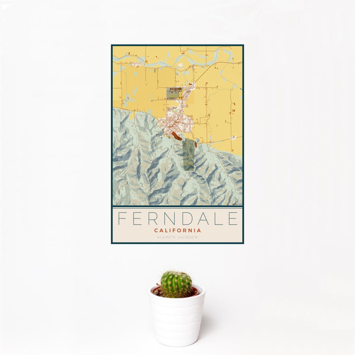 12x18 Ferndale California Map Print Portrait Orientation in Woodblock Style With Small Cactus Plant in White Planter