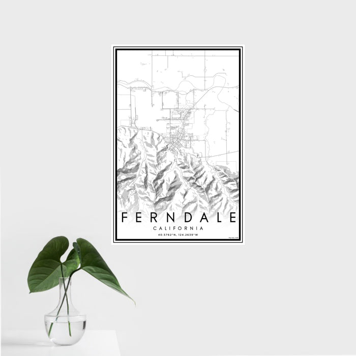 16x24 Ferndale California Map Print Portrait Orientation in Classic Style With Tropical Plant Leaves in Water
