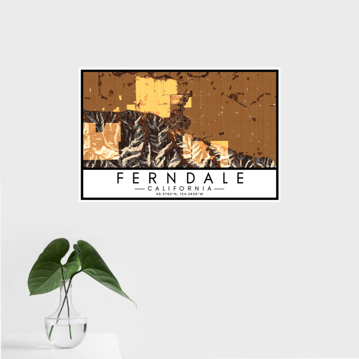 16x24 Ferndale California Map Print Landscape Orientation in Ember Style With Tropical Plant Leaves in Water
