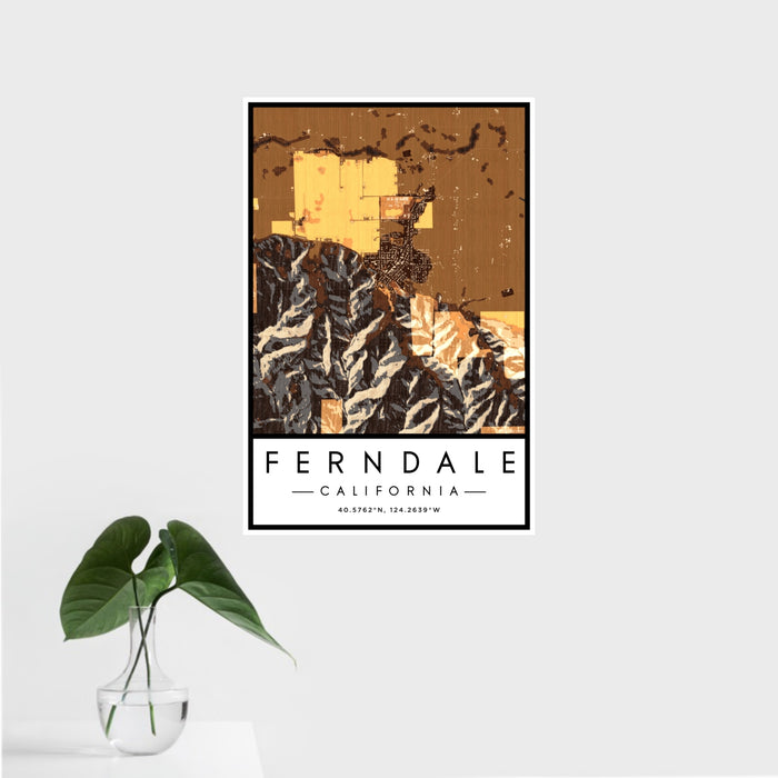 16x24 Ferndale California Map Print Portrait Orientation in Ember Style With Tropical Plant Leaves in Water