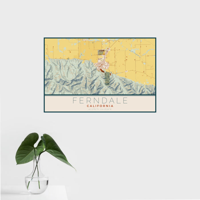 16x24 Ferndale California Map Print Landscape Orientation in Woodblock Style With Tropical Plant Leaves in Water