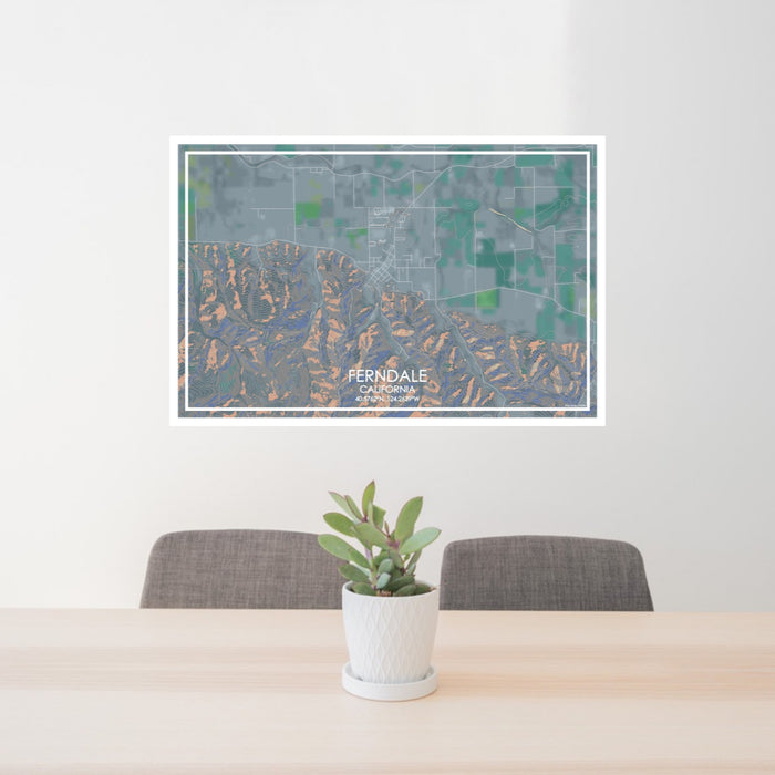 24x36 Ferndale California Map Print Lanscape Orientation in Afternoon Style Behind 2 Chairs Table and Potted Plant