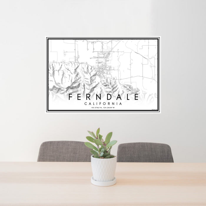 24x36 Ferndale California Map Print Lanscape Orientation in Classic Style Behind 2 Chairs Table and Potted Plant